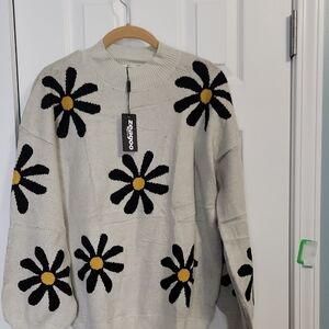 NWT Women's Cream Sweater with Black and Yellow Floral Design